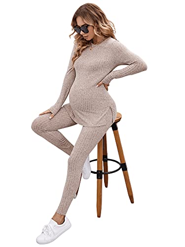 Soly Hux Women's Maternity Sets 2 Piece Outfits Long Sleeve Split Hem Top And Adjustable Elastic Waist Pants Apricot S #TOP2