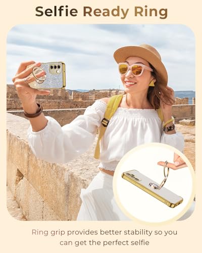 Image of XYZ for Galaxy S23 Plus Case with Stand, Phone Case with Double Ring Kickstand, Women Girls Bling Luxury Glitter Clear Phone Cover Heart for Samsung S23 Plus, Gold