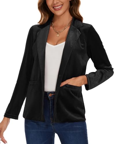 Women's Casual Velvet Blazer Work Office Long Sleeve Lapel Button Tailored Jacket Coat Blazer with Pockets4