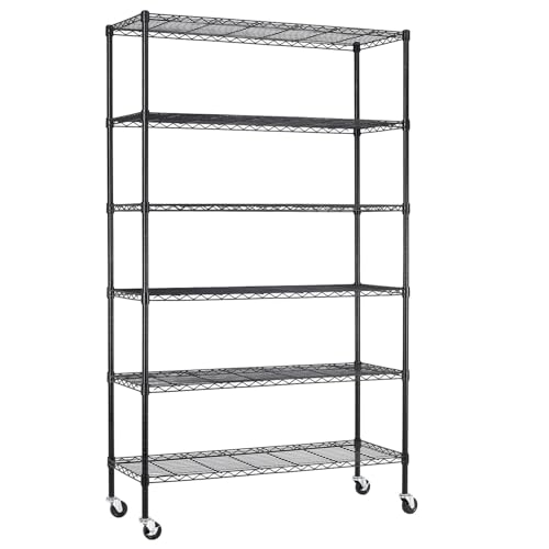 Image of BestOffice | 6-Tier Wire Storage Shelves with Wheels | 18x45x82 | Black | Adjustable Racks | Heavy-Duty Metal Shelf, Holds Upto 2100 lbs | No-Tool Assembly | Ideal for Home & Garage Shelving