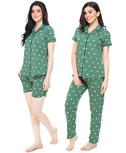 Image of ZEYO Women's Cotton 3Pc'S Heart Printed Night Suit Pajama Set 5357