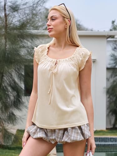 Image of Tankaneo Women Summer Tie Front Tank Tops Cap Sleeve Pleated Babydoll Tops Casual Loose Fit Going Out Flowy Shirt