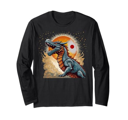 Camisetas japonesas Kaiju Monster Retro Ukiyo Art Dragon Hombres Manga Larga
