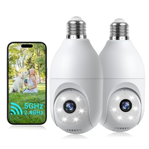 Light Bulb Security Camera Wireless Outdoor, 5G&2.4G WiFi Cameras for Home Security with Patrol, AI Human Detection, Motion Tracking, 2-Way Talk, Color Night Vision, SD/Cloud, 24/7 Recording(2 PACK)