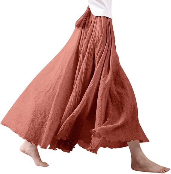 Röcke Damen Leinen Maxirock Baumwolle Leinen Rock Boho Sommerrock Einfarbig Freizeitrock Faltenrock Frauen Langerock (DE/NL/SE/PL, Alphanumerisch, Einheitsgröße, Regular, Regular, Rot 1)