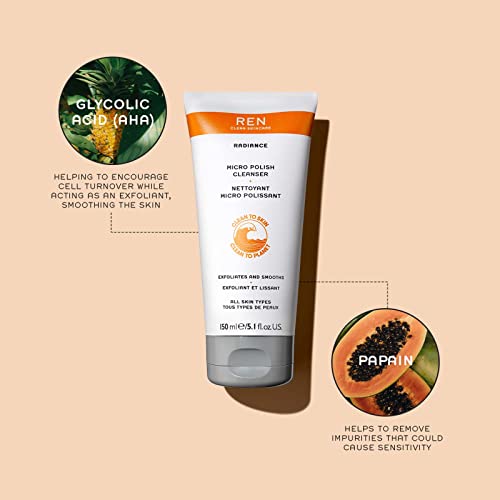 Ren Clean Skincare - Micro Polish Cleanser - Gentle Exfoliating Face Wash - Skin Brightening Facial Cleanser And Exfoliator With Glycolic Acid And Amber Beads, 5.1 Fl Oz #TOP3