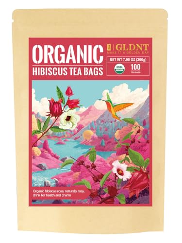 GLDNT Organic Hibiscus Tea Bags, Caffeine Free, Natural, Tart Flavor, 100ct
