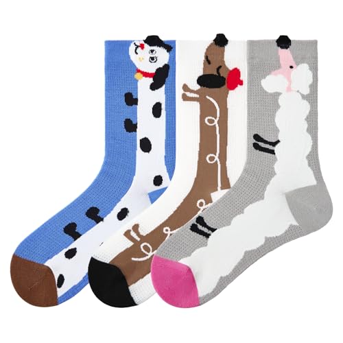 Image of Girls' Lightweight Thin Mesh Cartoon Ankle Socks - Fun Prints, Colorful Breathable Design with Snug Comfort Fit (3 Pairs, Long Dog)