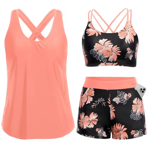 Image of Women's 3 Piece Tankini Swimsuit Tummy Control Bathing Suit with Boy Shorts