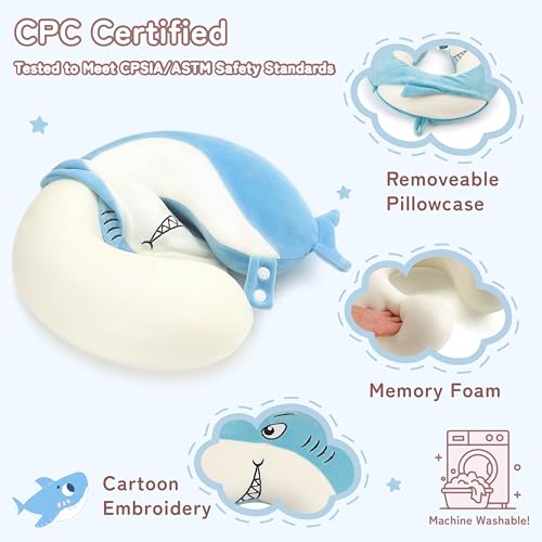 Image of Kids Travel Neck Pillow for Ages 3-8, Memory Foam, Removable Cover, Shark