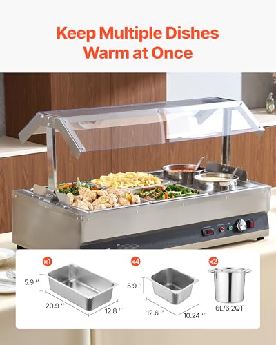 Image of VEVOR Electric Soup Warmer, Two 6.34QT Pots & Four 1 /2 Pans, Stainless Steel Commercial Food Warmer with 86~185F Adjustable Temp, 1500W Bain Marie with Cover, Soup Station for Restaurant, Buffet