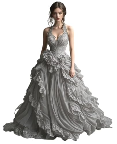 Dydsz Women Gothic Halter Ruffle Silver Prom Dress Lace Formal Ball Gown 2
