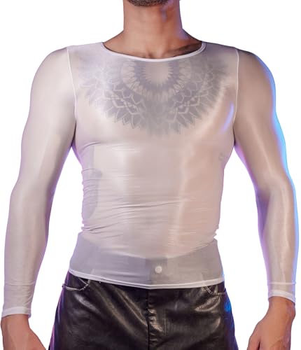 AIEOE T-Shirt Homme Transparent Manches Longues Haut en Résille Sexy Maillot Transparent Clubwear Blanc Taille Unique S-M