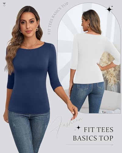 Ficerd 5 Pack 3/4 Sleeve Tops for Women Tight Boat Neck Cotton T Shirts Slim Fit Three Quarter Sleeve Tees Basic Casual Tops4