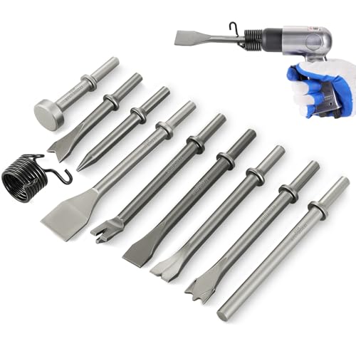 NATGAI 10PCS Air Hammer Chisel Set, Heavy Duty Pneumatic Chisels with 0.401" Shank, Carbon Steel Air Hammer Bits for Tile, Masonry, Concrete, Brick, Rust Removal, Rivet & Automotive Work, with Spring