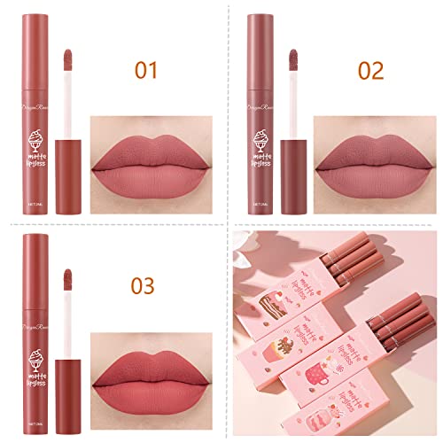3Pcs Nude Matte Lipstick Set, Long-Lasting Waterproof Lipsticks Non-Stick Cup Not Fade Lip Gloss, Smooth Crayon Lip Stain Set Lip Makeup Liquid Lipstick For Women (Set D) #TOP1