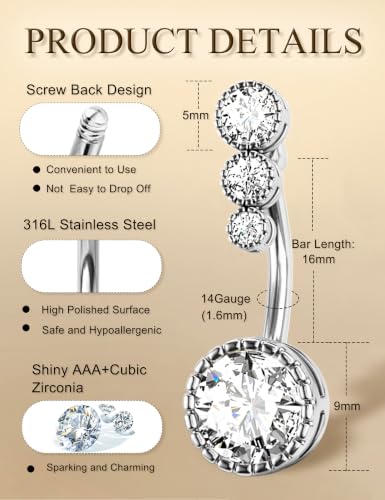 Image of FIASASO 9 Pcs Belly Button Ring - Surgical Stainless Steel CZ Belly Rings Clicker Belly Piercings for Women Navel Piercing Jewelry Pack
