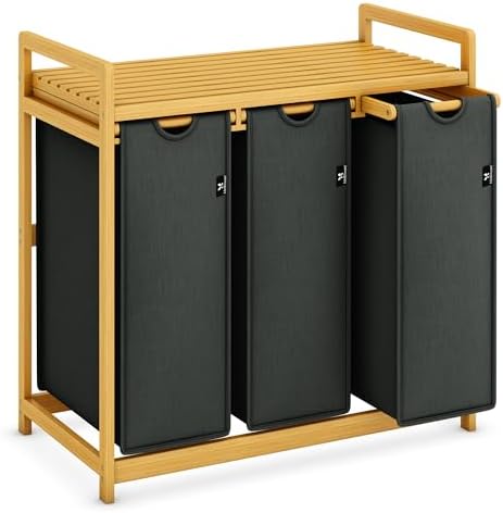 AdelDream Wäschekorb 150L, 3 Fächer Wäschesammler mit Ablage, Bambusrahmen | Wäschesortierer mit 3 x 50L Fächer , ausziehbar abnehmbar, Ablage bis 45 kg, Farbe Grau