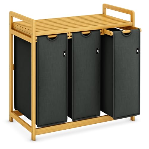 AdelDream Wäschekorb 150L, 3 Fächer Wäschesammler mit Ablage, Bambusrahmen