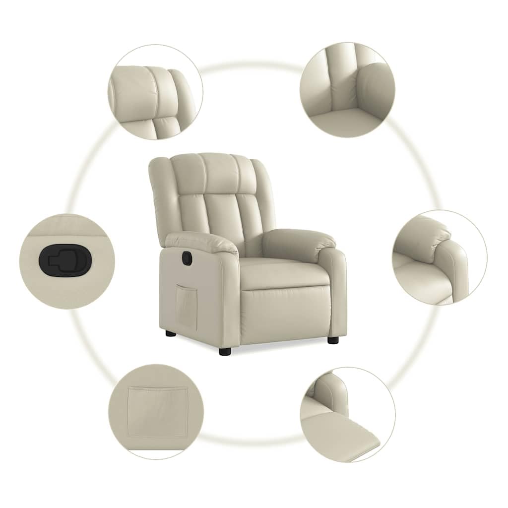 Poltrona relax con funzione reclinabile manuale, poltrona TV regolabile fino a 135 gradi, poltrona imbottita in ecopelle color crema, poltrona TV con poggiapiedi e tasca laterale per soggiorno