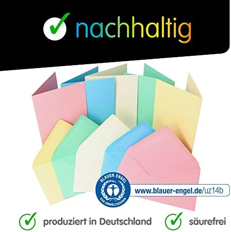 perfect ideaz 50 tarjetas plegables de colores DIN A6 con sobres (11 x 15,5 cm), elaboradas de forma sostenible en Alemania, tarjeta doble en 5 colores pastel, set en blanco, para manualidades