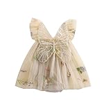 Infant Newborn Babygirl Outfit Mesh Tulle Flower Butterfly Embroidery Sleeveless Adorable Princess Dress (Khaki, 6-9 Months)
