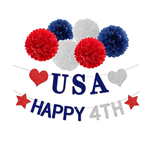 Image of Fourth-4th of July Imemorial-Day Party-Decorations - 8pcs Red White Blue Patriotic Banner Hanging USA Garland Streamers, Paper Tissue Pom Poms Flowers,America Independence Day Decor Lasting Surprise