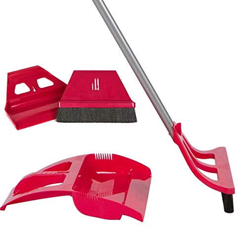 WISP Cleaning Set â€“ Angled Broom with Clip-on Foot Operated Dustpan - Mini Whisk Handheld Brush/Dust Pan Combo â€“ Long Telescopic Handle, Electrostatic Bristles - Traps Dust, Pet Hair (Red)