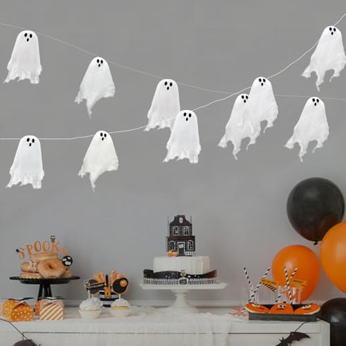 Halloween Deko Fenster Hängende Geister - 10 Stück Weißer Niedliche Fliegende Geist, 3M Mini Horror Türvorhang, Halloween Deko Innen Outdoor Gespenster für Kinder Party Garten Wand Terrasse Hof