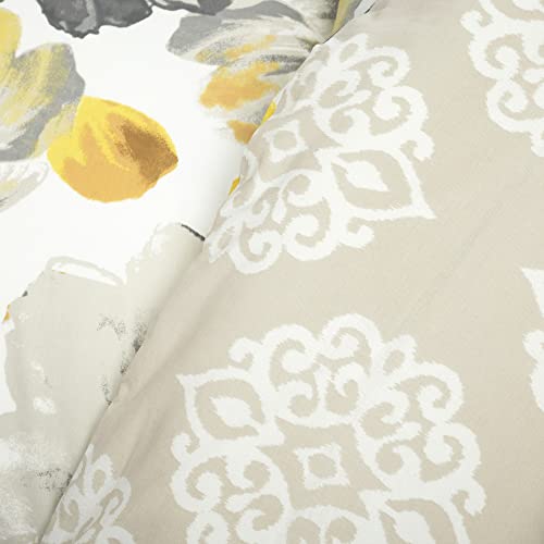 Image of Lush Decor Leah Reversible 100% Cotton Duvet Cover Set, 3 Piece Set, King, Yellow & Gray - King Bedding Set - Yellow Duvet Cover - Country Floral Decor
