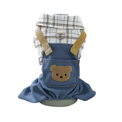 UGYMSIA 小型中型犬服、オーバーオール、クマの頭のジーンズ、白黒ストライプ、ビションフリーゼ、テディ、シュナウザー、マルチーズ、猫、かわいい、シンプル、D型牽引リング胸ハーネス付き、快適、様々なスタイルから選択可能 (011,S バスト35 着丈25
