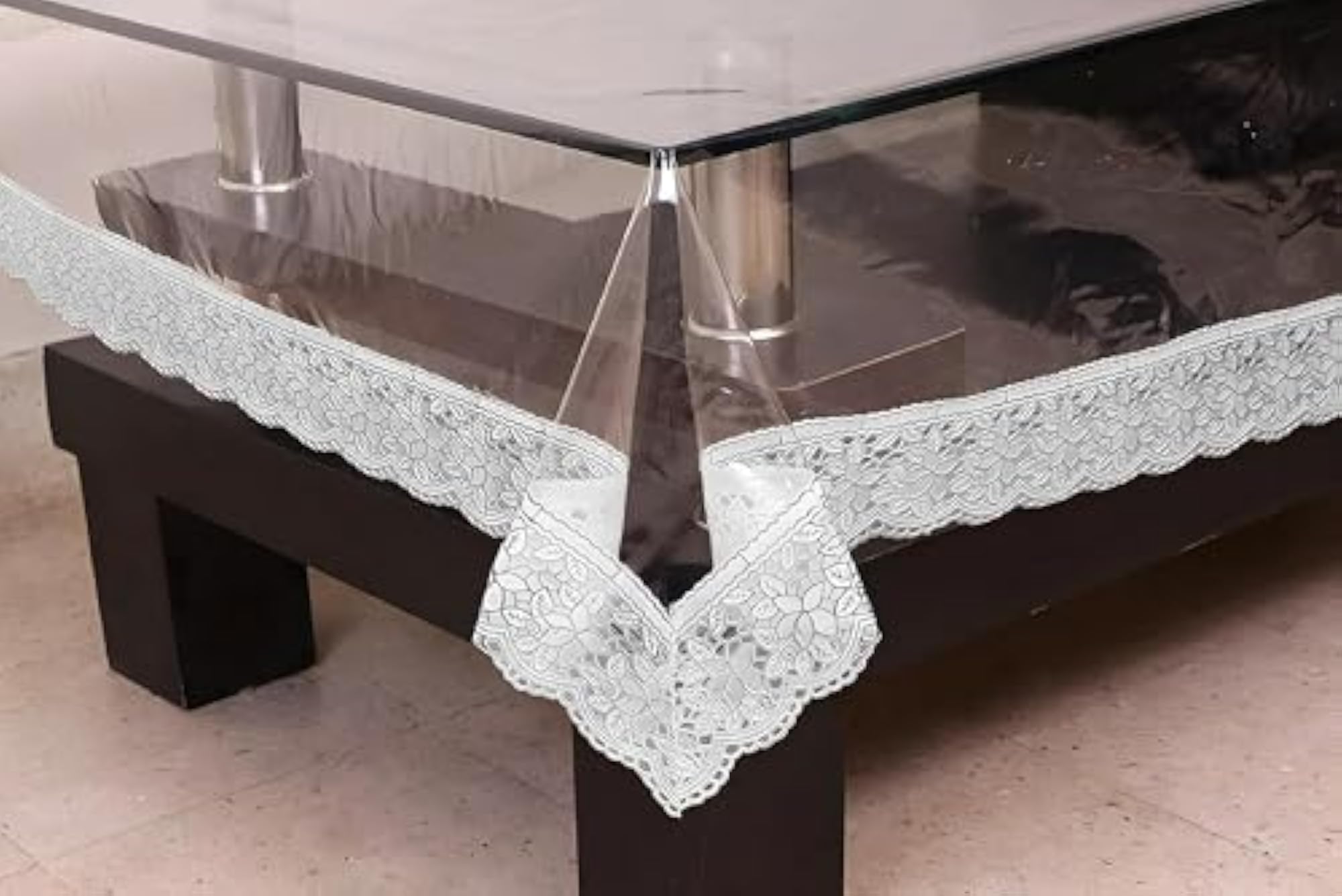 Transparent 4 Seater Dining Table Cover with Lace Border