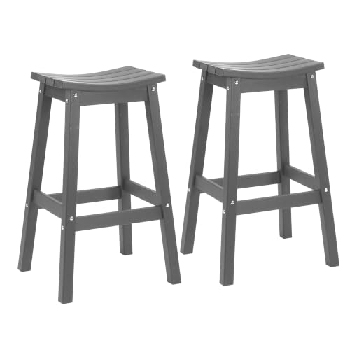 AMILY HDPE Bar Stool Set of 2, Outdoor Bar Height 29‘’, Heavy Duty All-Weather Patio Stool for Poolside, Backyard, Balcony, Easy Assembly (Grey)