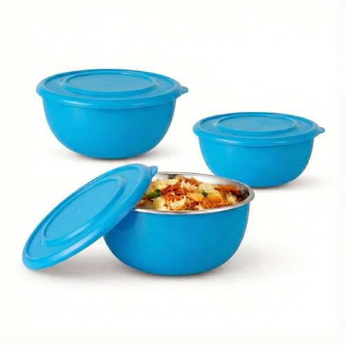 Image of Zaib Microwave Safe Stainless Steel Mixing Bowl Set with Lids | Blue Euro Style Food Storage Containers for Kitchen | Pack of 3 (Classic Blue Plain)