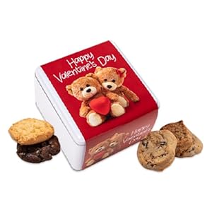 Valentine’s Day Teddy Bear Cookie Tin – 12 Gourmet Fresh Baked Cookies Gift Box – Romantic Sweet Treats for Valentine’s Day, Couples, Family, and Friends