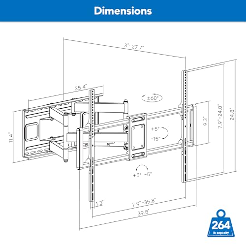 Mount-It! Heavy Duty XXL Full Motion TV Wall Mount for Extra Large TVs, max VESA 900x600, Holds up to 264lb, Swivel Tilt Extension Adjustable TV Mount for 60" 65" 75" 80" 85" 90" 98" 100" 115" 120 in