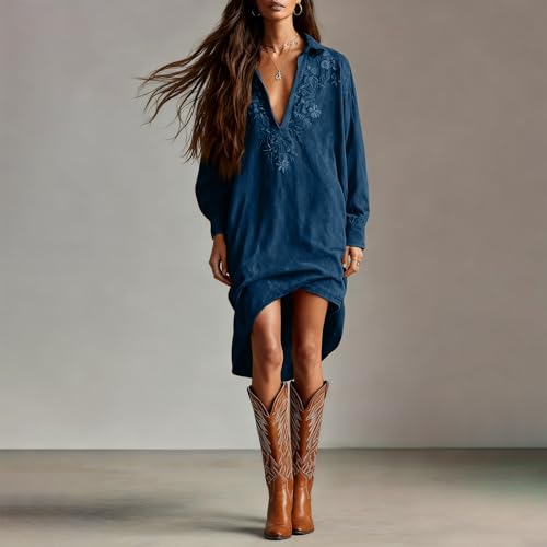 Image of Womens Faux Suede Western Vintage Midi Dress, Long Sleeve Lapel Deep V Neck Fall Winter Velvet Retro Style Dress