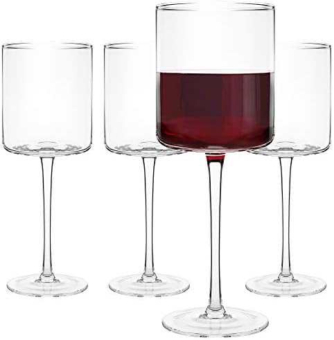 Square Red Wine Glasses Set of 4 - Hand Blown Edge Wine Glasses - Modern Flat Bottom Wine Glasses - Unique Large Wine Glasses with Stem for Cabernet, Pinot Noir, Burgundy, Bordeaux - 17oz Clear
