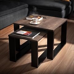 LEHMANN Tavolino Salotto Legno, set di 2 Tavolini da soggiorno in 2 Misure, Tavolini da caffè con Struttura Nera e Piano in Legno, Mobile Soggiorno in stile moderno, Facile da Montare