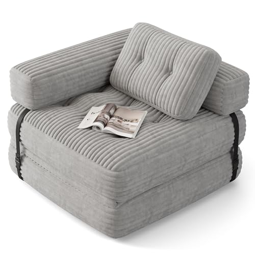 Xbro Faltbares Schlafsofa mit L-Förmiger Kopfstütze, Klein Schlafsofa mit Cordstoff & Zerkleinertem Schaum, Platzsparende 2-in-1 Klappmatratze für kleine Räume, 85x85 cm bis 170x85 cm,Hellgrau