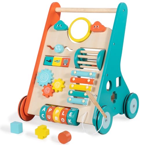 Image of Wooden Baby Walker with Wheels, Walker for Baby Boys 12 Months Push Toy, Sit to Stand Activity Walker Learning to Walk
