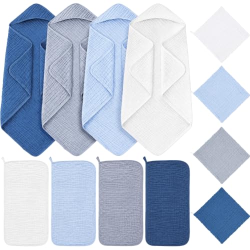 Image of Breling 12 Pcs Muslin Hooded Baby Bath Towel Set, Light Blue Series