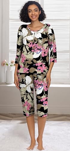 Image of PrinStory Womens Pajama Sets Capri Pjs Soft Lounge Sets XS-4XL