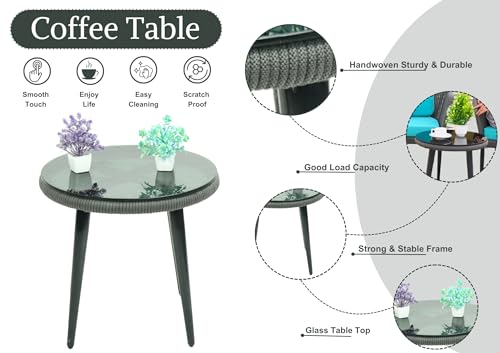Image of DEVOKO 3 Piece Outdoor Bistro Rope Conversation Patio Set All Weather Chairs and Table with Cushions for Garden, Deck, Backyard, Balcony, Porch (Grey & Sky-Blue)