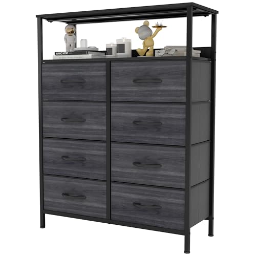 YITAHOME Comoda 8 Cajones,Cajonera de Tela,Sinfonier,Robusta Estructura metálica,Cómoda con Tapa de Madera,Grano de Madera Negra
