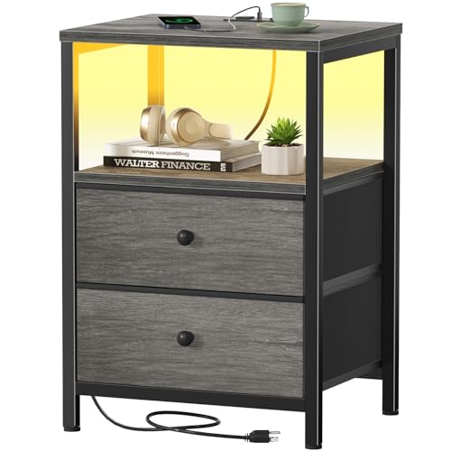BOLUO Gray Nightstand with Charging Station, LED Night Stand with 2 Fabric Drawers, Bedside Table with USB Ports and Outlets, Nightstand for Bedroom Modern