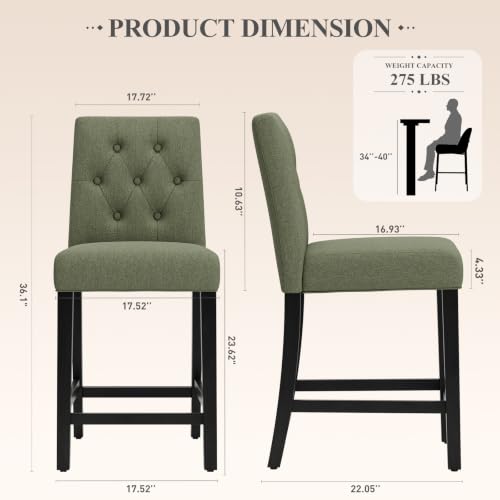 Image of MALOL Bar Stools Set of 2, Fabric Counter Height Bar Stools,Green