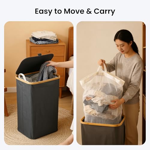 Image of The Better Home Foldable Laundry Basket with Bamboo Rim & Oxford Fabric | 100L Laundry Hamper for Clothes | Collapsible Laundry Bag for Bedroom, Bathroom & Family Use | Grey