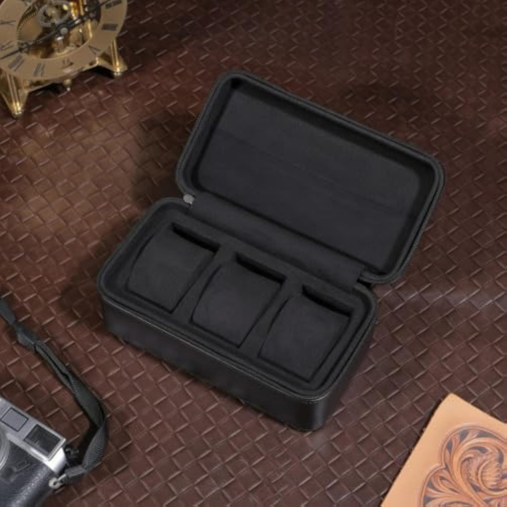 Portable Black 3-Slot Hard-Sided Watch Storage Travel Case