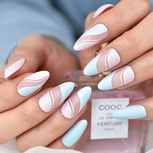 Echiq Sky Blue Matte Press On Nail With Pink Ripple Wearable Medium Length Acrylic Fake Nails Reusable Full Cover Coffin Artificial Nature False Stick On Nail Art Tips For Women Ladies Girls Gift 24Pcs/Set #TOP2